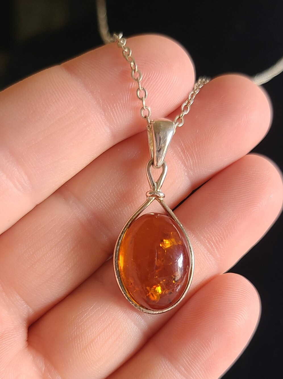 Sterling Silver Amber Teardrop Pendant Necklace